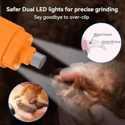 PAPIFFEED Dog Nail Grinder with LCD Display – Quiet Electric Nail Trimmer with Dual LED Light, Safe for Black & Thick Nails, Rechargeable for Small Medium Large Dogs & Cats (Orange)
