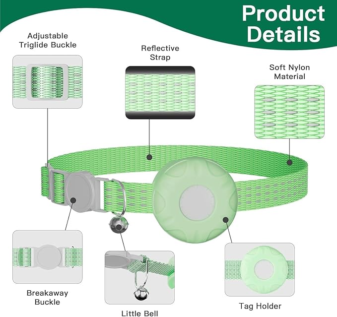 Pet Tracker for Cats,GPS Cat Tracker with Collar and Holder,Waterproof Cat GPS Tracker Tracking Device,No Monthly Fee,Works with Apple Find My(iOS Only) (LightGreen)