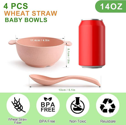 shopwithgreen Unbreakable Kids Bowls -Microwave Dishwasher Safe- Wheat Straw Snack Bowl Sets for Kids/Toddler/Children/Baby Feeding - 4 Bowls and 4 Spoons, Lightweight and Durable, 14 OZ
