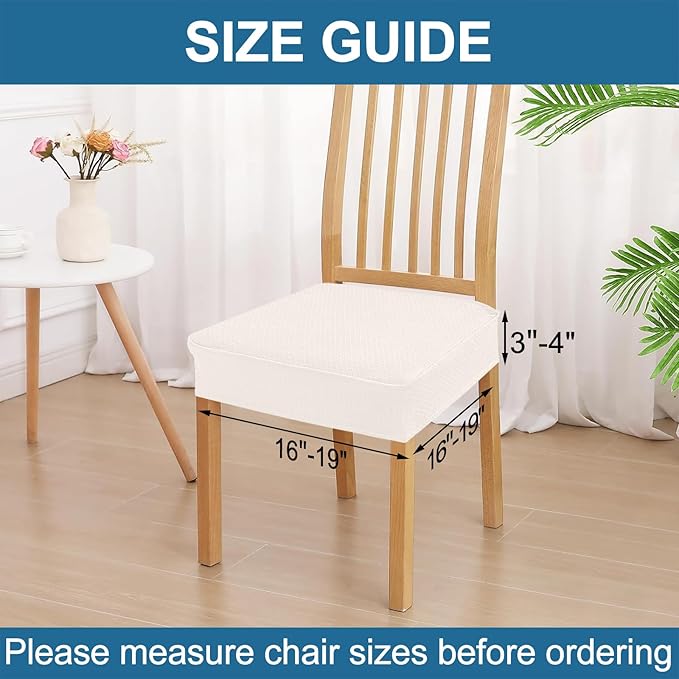 Smiry Waterproof Seat Covers for Dining Room Chairs Set of 8, Stretch Jacquard Removable Washable Chair Seat Slipcovers Protector, No Rear Covers, Ivory