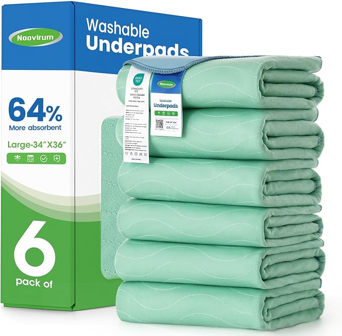 Noovirum® Washable Underpads,34"x36" (Pack of 6) - Heavy Absorbency Incontinence Bed Pads for Adults, Kids & Pets - Waterproof Reusable Protective Pad for Bed, Sofa, Furniture & Floor