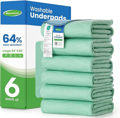Noovirum® Washable Underpads,34"x36" (Pack of 6) - Heavy Absorbency Incontinence Bed Pads for Adults, Kids & Pets - Waterproof Reusable Protective Pad for Bed, Sofa, Furniture & Floor