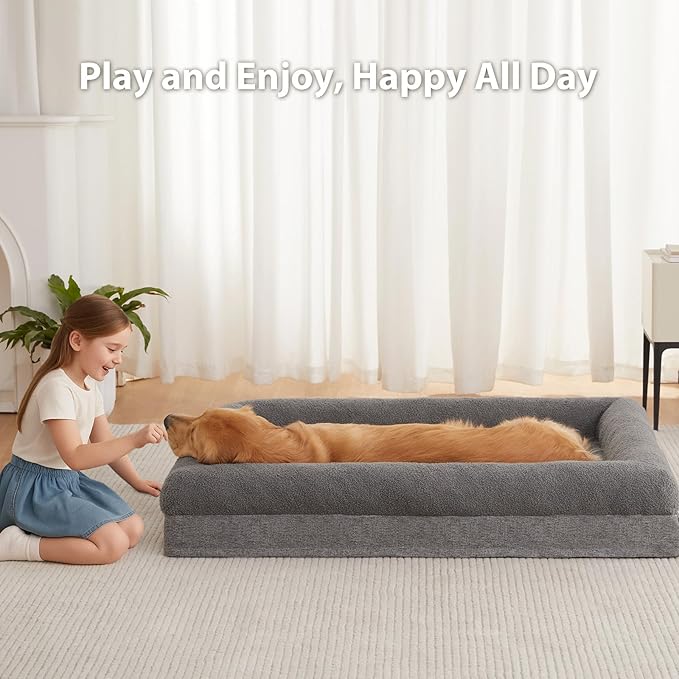RRPETHOME Washable Dog Beds Large Sized Dogs, Extra Large Orthopedic Dog Beds with Removable Cover, Waterproof Pet Bed with Bolsters, Big Dogs Couch Bed with Non Slip Bottom, Grey