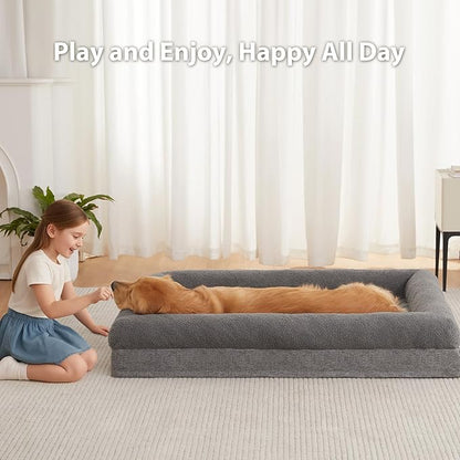 RRPETHOME Washable Dog Beds Large Sized Dogs, Extra Large Orthopedic Dog Beds with Removable Cover, Waterproof Pet Bed with Bolsters, Big Dogs Couch Bed with Non Slip Bottom, Grey
