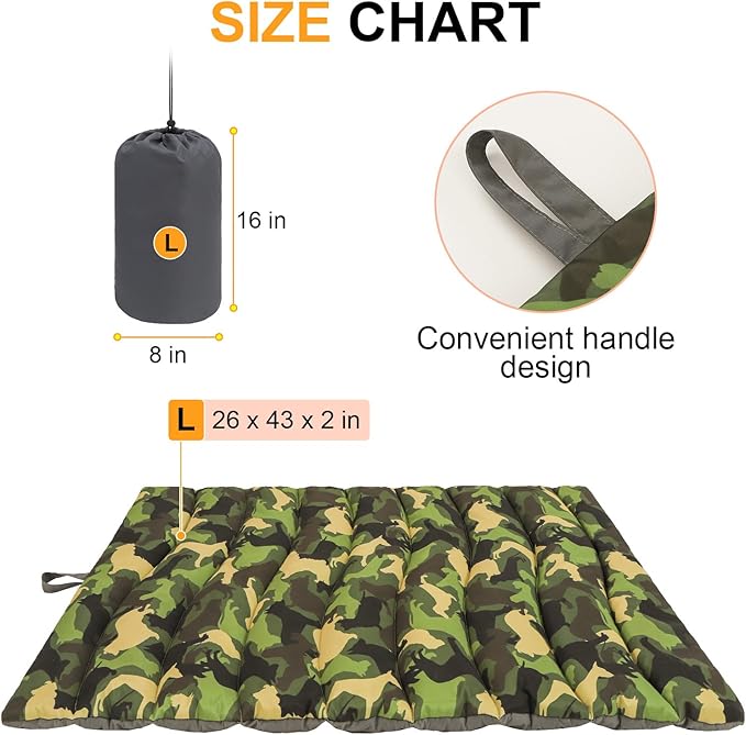 BEAUTYZOO Outdoor Dog Bed Waterproof, Camping Dog Bed Reversible, Portable Travel Bed with Carry Bag- Machine Washable, Durable, Foldable Pet Blanket for Medium Large Dogs, 26" x 43" Camouflage