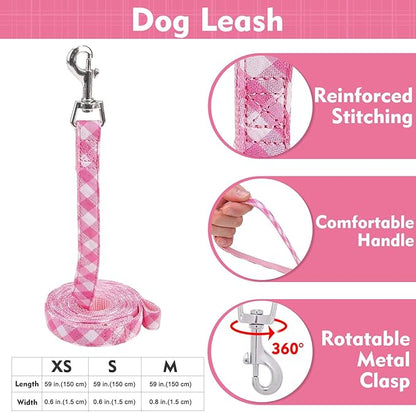 EXPAWLORER Cute Dog Harness Collar Leash Set - Pink Girl Dog Harness Checkered Step-in Design, Detachable Bow Pet Collar, Adjustable No-Choke Lightweight Mesh Vest for Cats Puppy Small Dogs, XS