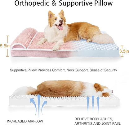 Orthopedic XL Dog Bed Large Sized Dog with Pillow 42''X28'', Waterproof Soft Comfortable Egg Crate Foam Pet Crate Beds Mat with Removable Washable Cover and Non-Slip Bottom, Pink