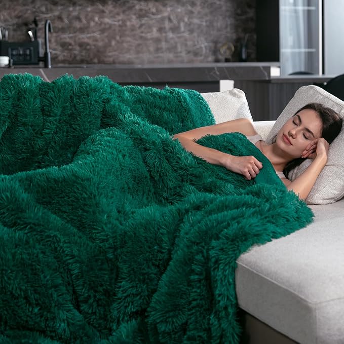 Pawque Faux Fur Throw Blankets 50x60 Inches, Soft Fuzzy Fluffy Blanket, Warm Thick Sherpa Long Hair Shag Reversible Lightweight Cozy Throw for Bedroom Sofa Couch, Green