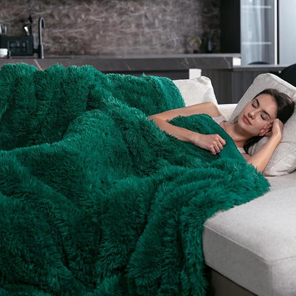 Pawque Faux Fur Throw Blankets 50x60 Inches, Soft Fuzzy Fluffy Blanket, Warm Thick Sherpa Long Hair Shag Reversible Lightweight Cozy Throw for Bedroom Sofa Couch, Green