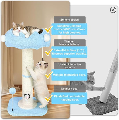 Tall Cat Scratching Post for Indoor Cats Adults, Cat Scratch Post with Sisal Rope Claw Scratcher, Solid Wood Cat Tower with Scratching Post and Cat Toys Mouse Hole, Cute Small Cat Tree, (Blue Sky)