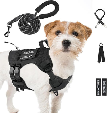 No Pull Tactical Dog Harness for Small Dogs, Escape Proof Molle Dog Vest Harness and Leash Set, Adjustable Military Service Dog Harness with Handle for Medium Large Dogs(Black, Small)