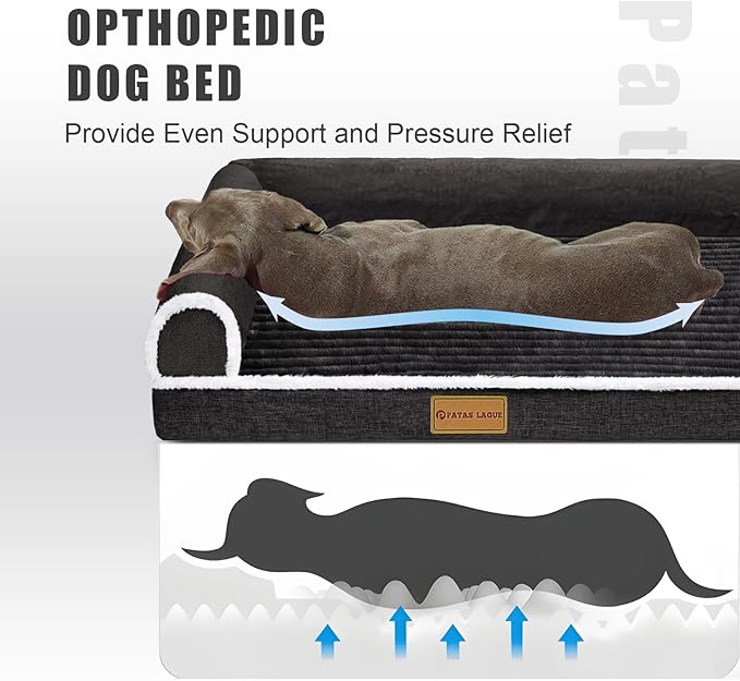 Patas Lague Orthopedic XL Dog Bed Large Sized Dog 42''X28'', Waterproof Comfortable L Bolster Big Large Non-Slip Soft Warm Pet Crate Bed Sleep Sofa mat with Removable Washable Cover, Black