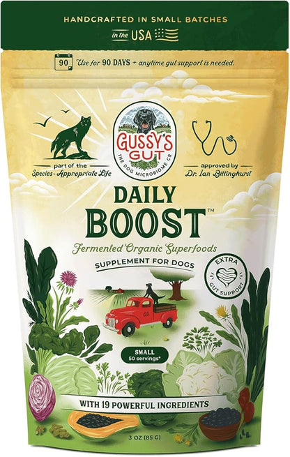 Gussy's Gut Daily Boost- Fermented Organic Superfood Reset & Reboot Dog Gut Health- Human Grade Pre & Probiotic Digestive Supplement- USA Made Small Batch 19 Ingredient Formula- Reset Phase (3 Oz)