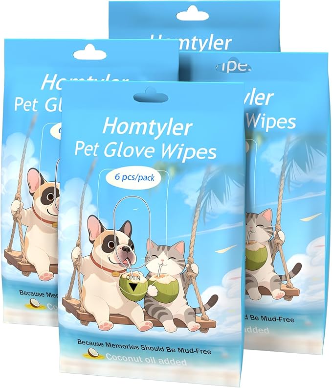 Homtyler Dog Wipes & Cleaning Gloves 2-in-1 for Dogs and Cats, Extra-Thick Pet Wipes with Coconut Oil for Lick-Safe Paws, Eyes, Ears & Body, Rinse-Free Waterless Bath for Deodorizing&Cleansing, 24 PCS