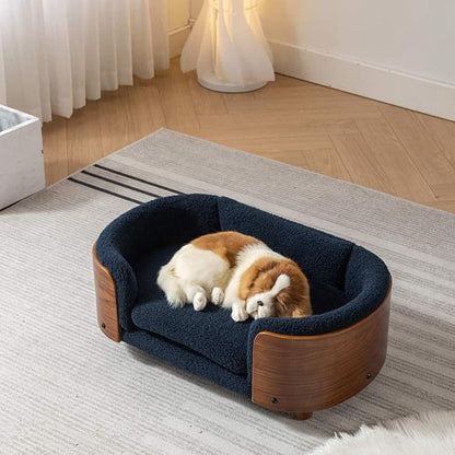 Elevated Pet Sofa Bed with Solid Wood Legs, Bent Wood Back, and Cashmere Cushion - Luxury Pet Furniture for Cats and Dogs, Dark Blue & Walnut