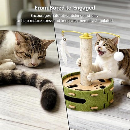 Cat Nail File Enrichment Box with Scratching Post, Sandpaper Scratcher Base, Interactive Cat Scratch Puzzle Box with Rotating Teaser & Bell Balls for Indoor Cats
