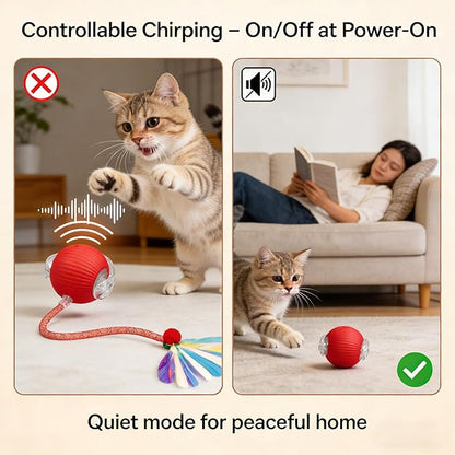 Speedy Tail 2.0 Cat Toy – 2 Replaceable Tails, Controllable Chirping, Motion Activated Rolling Ball, USB Rechargeable – Enrichment & Exercise for Bored Indoor Cats, Kittens (Red)