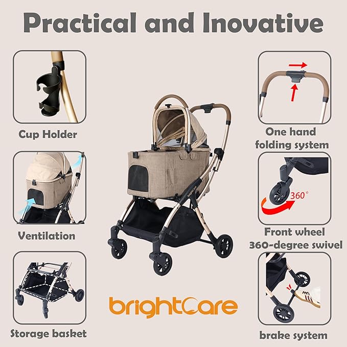 Auto-Folding Pet Stroller with Detachable Carrier, One-Hand Fold Frame & Carrier, Supports up to 33 lbs, Beige