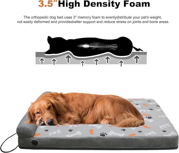 Heated Dog Bed, Electric Oversize Heating Arthritis Orthopedic Dog Bed with Thickened Memory Foam, Heated Pet Bed with Waterproof Cover for Medium Large Dogs, 35"*26.5"*3.5"