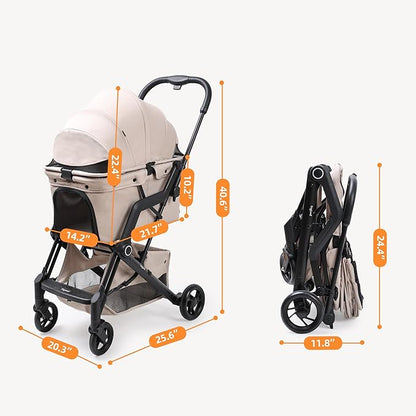 Upgraded Small/Medium Pet Stroller - Dogs & Cats up to 66 lbs, Folds for Storage and Features a Safety Foot Brake, 3-in-1 Foldable Portable Travel Carrier for 2 Small to Medium Pets (Beige)