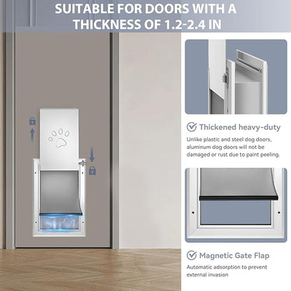 [Petoasis] 3-Flaps Heavy-Duty Dog Door, Rust Proof Aluminum Alloy Frame, Extreme Weather Dog Door Can Block Wind, Snow, and Rainwater Intrusion (Silvery White, Large for Door)