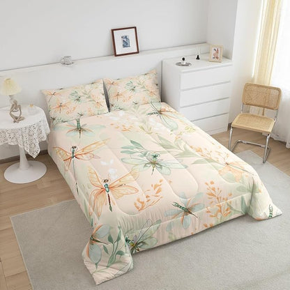 Erosebridal Dragonfly Comforter Set Full Animal Bedding Sets Plants Bedding Set Spring Duvet Set,Beige Quilted Duvet Butterfly Girls Women Breathable Bedroom Décorative 3 Piece