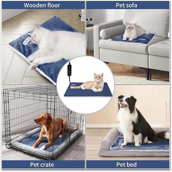 Rest-Eazzzy Cat Heating Pad, Cat Bed with Removable Cover Heated Cat Bed 5 Level Timer and 5 Level Temperature, Cat Beds for Indoor Warming Mat for Cat Dog (Heat pad, Pure-Blue,L)