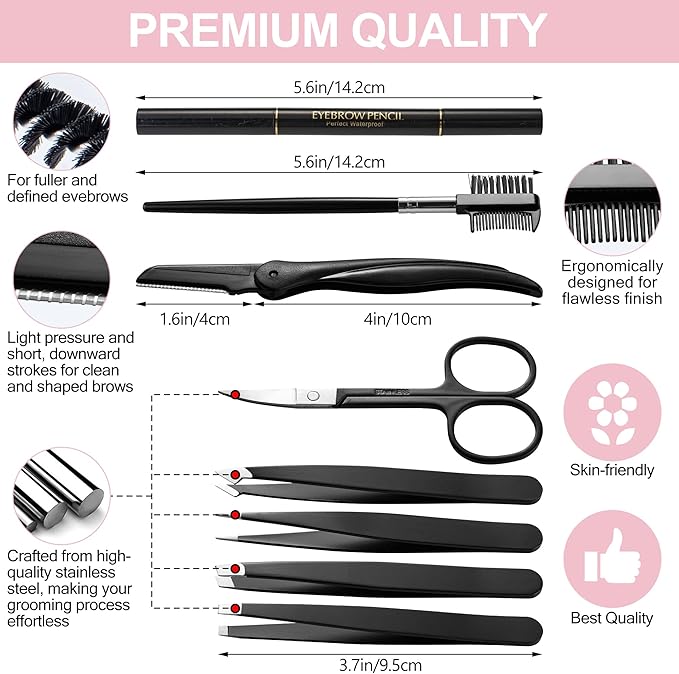 Exquisite 8-in-1 Eyebrow Kit for Women & Men – Luxury Eyebrow Grooming Kit with 4 Precision Tweezers For Eyebrows, Eyebrow Razor, Eyebrow Scissors, Eyebrow Brush/Comb & Pencil with Padded Case