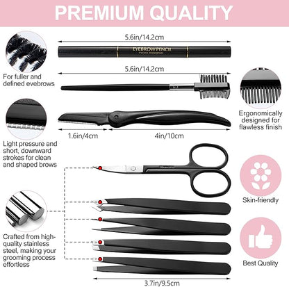 Exquisite 8-in-1 Eyebrow Kit for Women & Men – Luxury Eyebrow Grooming Kit with 4 Precision Tweezers For Eyebrows, Eyebrow Razor, Eyebrow Scissors, Eyebrow Brush/Comb & Pencil with Padded Case