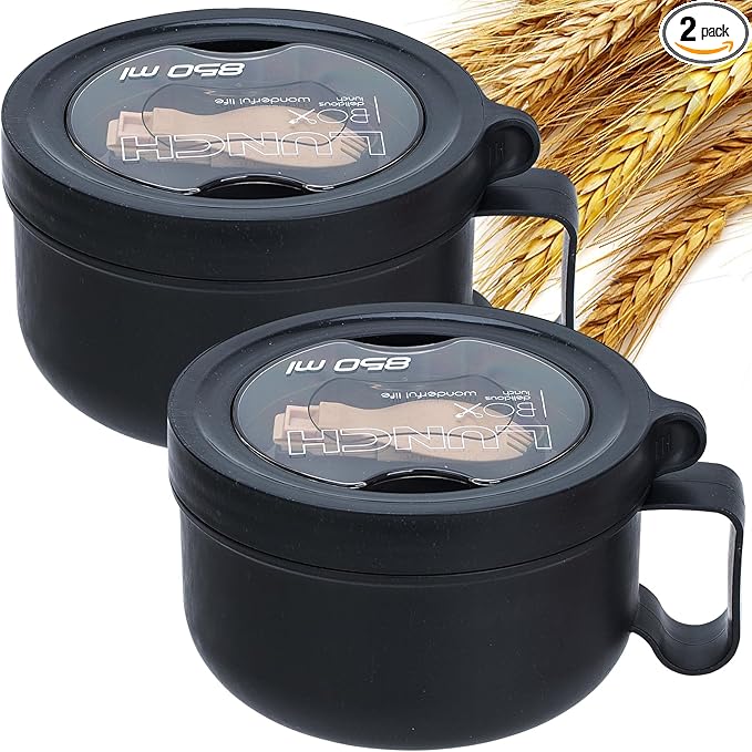 2 Pack Soup Bowl with Handles, Microwave Ramen Bowl with Lid for Soup and Instant Noodles,Oatmeal, Gumbo, Salad,BPA Free(Black Black)