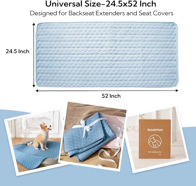 Soulbond Backseat Dog Cooling Mat for Cars - 24.5"x52" Washable Back Seat Self Cooling Pad for Cat & Puppy, QMAX>0.3, Non-Slip Cold Pet Bed Backseat Extender for Cars, SUVs, Trunks, Light Blue