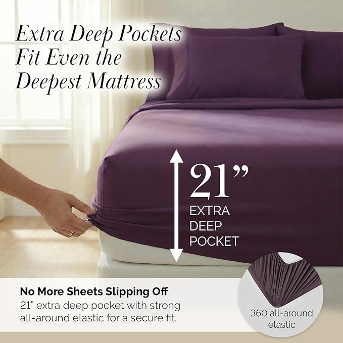 Southshore Fine Living, Inc. Extra Deep Pocket Twin XL Bed Sheets, 4-Piece Ultra Soft Purple Sheets with 21" Deep Twin Fitted Sheet, Oversize Flat Sheet, 2 Pillowcases, Purple