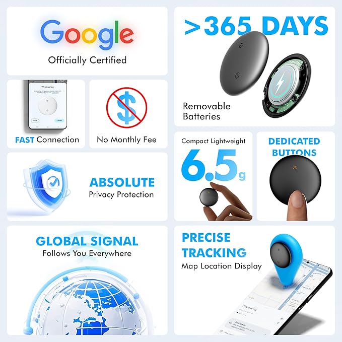 Air Tracker Tags-4 Pack for Android with Case- Bluetooth Tracker Item Finder for Key, Wallet - Works with Google Find Hub, IP66 Waterproof, Smart Tag for Android & Samsung Phones White & Black