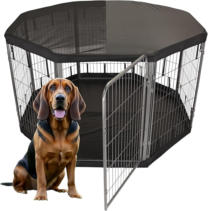 Dog Playpen w/Octagon Bottom Pad & Top Cover - 40 inch, 8 Panel Portable Grey Metal Pet Play Pen for Medium & Large Dogs - Indoor/Outdoor Kennel Cage for Home, Yard, RV, or Camping