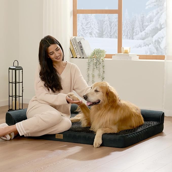 COZY KISS Orthopedic Dog Bed for Extra Large, XXL Dogs Bed, L Shaped Foam Anti-Slip Bottom Giant Pet Cat Sofa with Washable Cover, Suitable for Pet Up to 150 lbs, 48x35x8 inch, Black ﻿