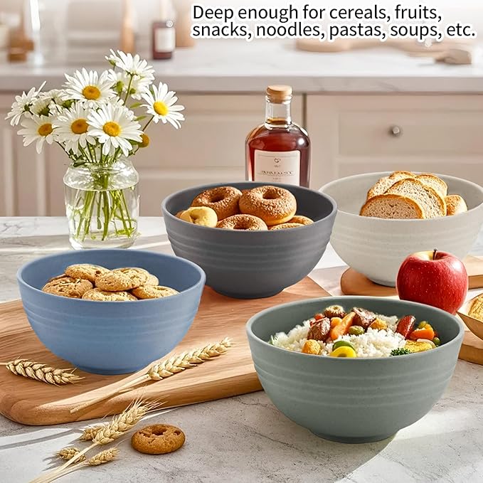 Wheat Straw Cereal Bowls, Reusable Bowls for Kitchen, Plastic Bowl Set of 4, Microwave and Dishwasher Safe Bowls for Salad, Soup, Oatmeal, Ramen, Camping, Kids, College Dorm, 26 OZ, Coastal Color