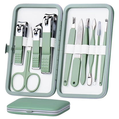 HANTEKAS Manicure Set 10 in 1 Stainless Steel, Nail Clippers Scissors Pedicure Tools Kit - Portable Travel Grooming Kit for Men and Women with Leather Case (Jade Green)