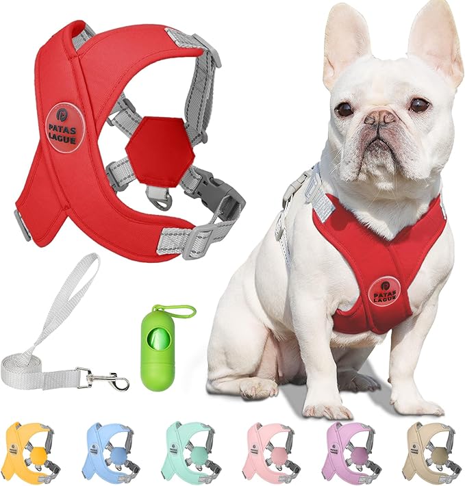 Patas Lague Dog Harness with Leash Set Adjustable Soft Padded Step-in Dog Vest No Choke No Pull Reflective for Small Medium Pets with Poop Bags and Dispenser, Solid and No-chew, Red S