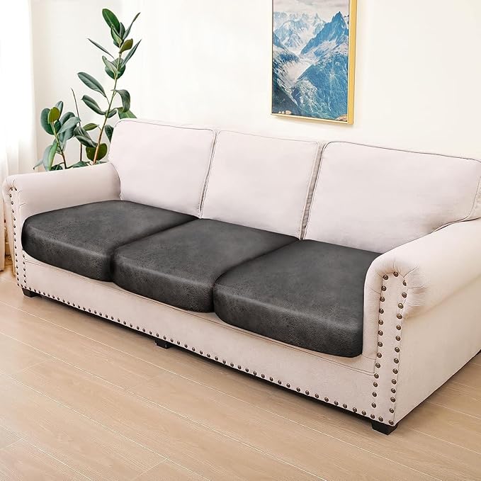 ANARACHON Leather Look Couch Cushion Covers Sofa Seat Slipcovers Sets Couches Furniture Protector for Sectional Armchair Loveseat Pets Kids Stretch Spandex Fabric (3 Cushion Sofa, Taupe)