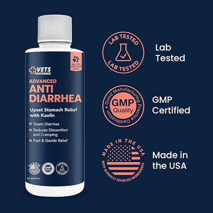 Vets Preferred Anti-Diarrhea & Gas Relief for Dogs – Kaolin Formula to Soothe Upset Stomach & Support Digestive Health – All Breed & Size Dogs – 8 fl oz Liquid – Made in USA