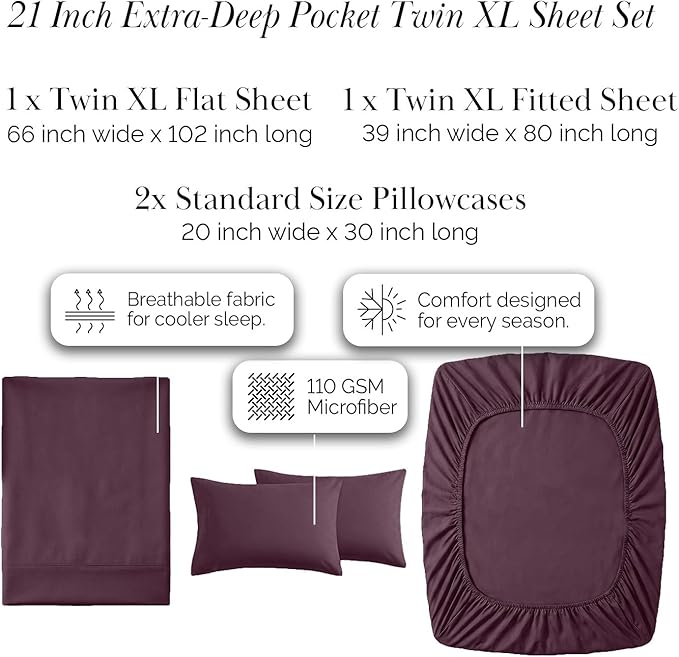 Southshore Fine Living, Inc. Extra Deep Pocket Twin XL Bed Sheets, 4-Piece Ultra Soft Purple Sheets with 21" Deep Twin Fitted Sheet, Oversize Flat Sheet, 2 Pillowcases, Purple