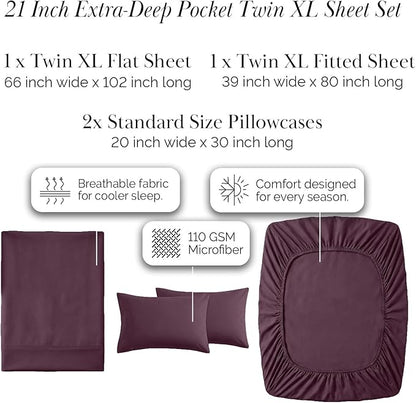 Southshore Fine Living, Inc. Extra Deep Pocket Twin XL Bed Sheets, 4-Piece Ultra Soft Purple Sheets with 21" Deep Twin Fitted Sheet, Oversize Flat Sheet, 2 Pillowcases, Purple