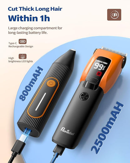 PAPMINI Dog & Cat Grooming Kit for Thick Coats, Heavy Duty Rechargeable Trimmer with LED Display & Storage Bag (Orange, 2 in 1)
