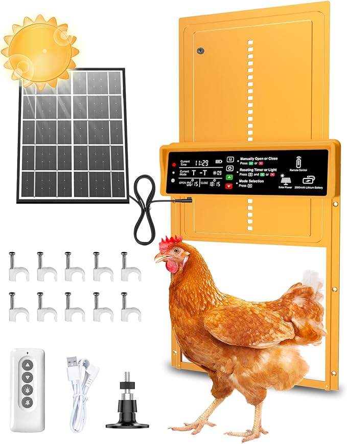 Automatic Chicken Coop Door Solar Powered, Pet Deluxe Chicken Door with Programmable Timer & Light Sensor, Anti-Pinch Safety, 7W Solar Panel, Aluminum Alloy with 10 Wire Clips Solar Chicken Door-Gold
