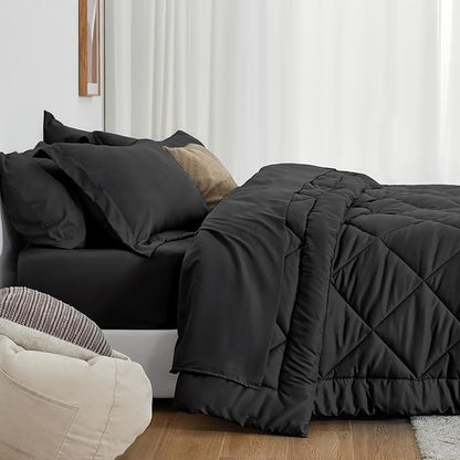 Love's cabin Queen Comforter Set Black, 7 Pieces Queen Bed in a Bag, All Season Bedding Sets with 1 Comforter, 1 Flat Sheet, 1 Fitted Sheet, 2 Pillowcase and 2 Pillow Sham
