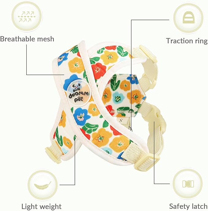 Patas Lague Dog Harness with Leash Set Adjustable Soft Padded Step-in Dog Vest No Choke No Pull Reflective for Small Medium Pets with Poop Bags and Dispenser, Solid and No-chew, Floral Yellow M
