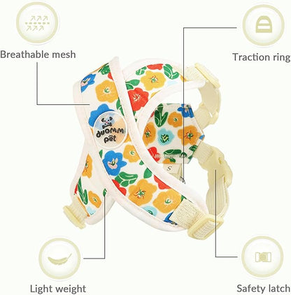 Patas Lague Dog Harness with Leash Set Adjustable Soft Padded Step-in Dog Vest No Choke No Pull Reflective for Small Medium Pets with Poop Bags and Dispenser, Solid and No-chew, Floral Yellow M