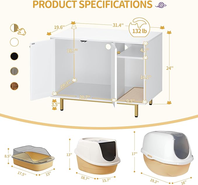 Hzuaneri Cat Litter Box Enclosure Enclosed, Hidden Litter Box Cabinet Furniture with Storage, Wooden Indoor Cat House Large, Modern End Table for Living Room Entryway, White and Gold 01503GCLB