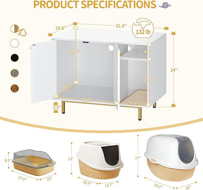 Hzuaneri Cat Litter Box Enclosure Enclosed, Hidden Litter Box Cabinet Furniture with Storage, Wooden Indoor Cat House Large, Modern End Table for Living Room Entryway, White and Gold 01503GCLB
