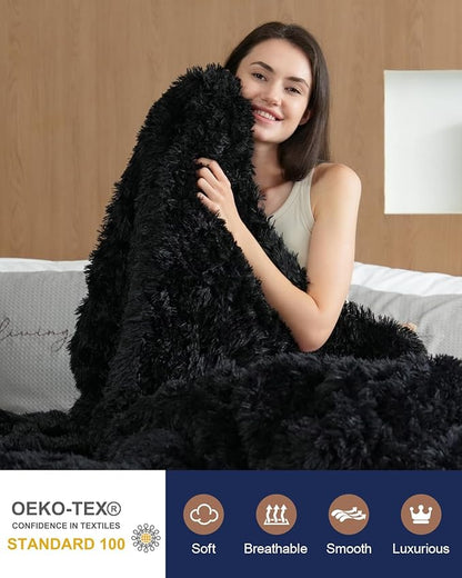 Pawque Faux Fur Throw Blankets 50x60 Inches, Soft Fuzzy Fluffy Blanket, Warm Thick Sherpa Long Hair Shag Reversible Lightweight Cozy Throw for Bedroom Sofa Couch, Black